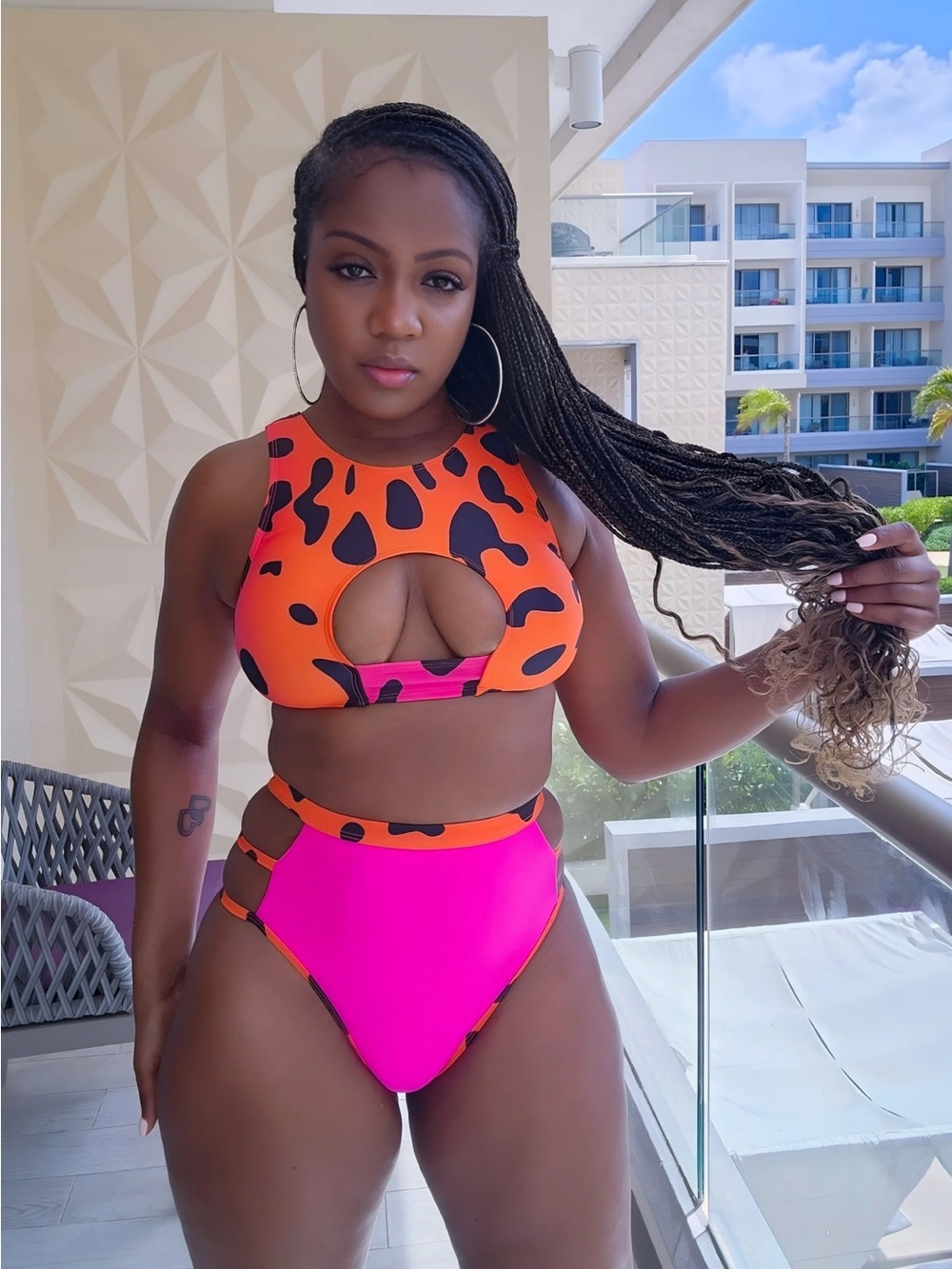 Women's Neon Pink and Orange Cutout High-Waist Bikini - Brand Unspecified